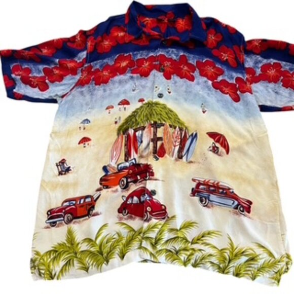 Cherokee‎ Hawaiian Shirt Men’s Size Large Surfboards Woodys Beach - Picture 1 of 14